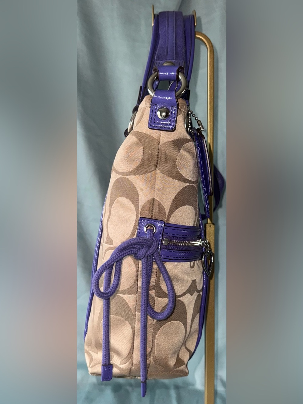 Coach F20101 Poppy Khaki and Purple Signature C Jacquard Canvas Satchel/Tote - Picture 5 of 15